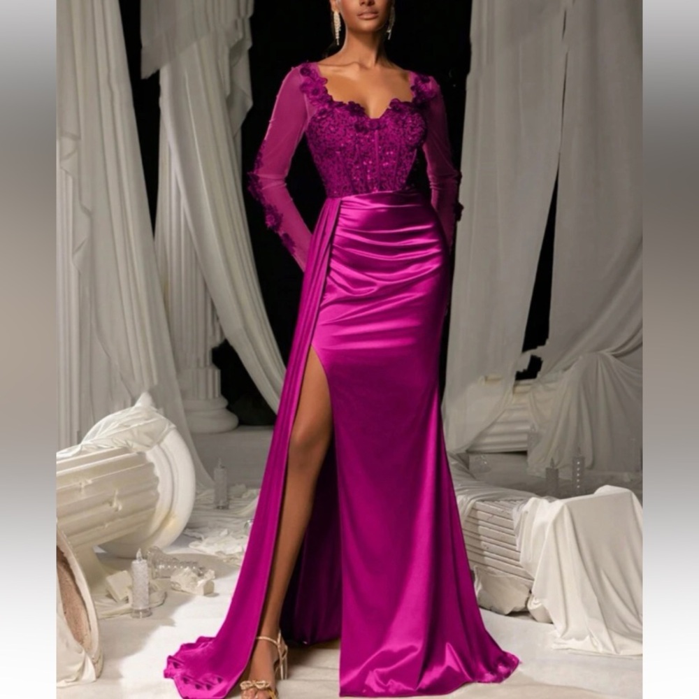 Luxe sweetheart neck appliqués slit thigh party formal evening sequins dress